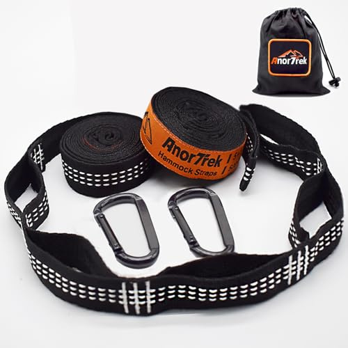 Anortrek Hängematten Gurte 2er Set Schwerlast (226kg/Schlinge) I 2,5m Baumgurte mit 6 Schlaufen & 2 Karabinern I Schaukel Befestigung Camping (2.5M mit 2 D-Ring-Karabinern)