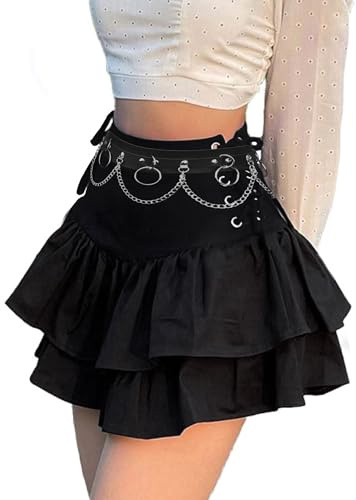 XKBHYD Minigonne gotiche da donna con catena, vita alta, grunge, punk, bandage con cintura, skort Y2K Mall Goth uniforme skater, B-nero, S