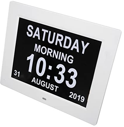 Yunseity Horloge de Jour Numérique 10 Pouces Calendrier de Démence Automatique 10 Pouces avec 5 Alarmes pour Les Personnes âgées, adapté aux Personnes à Pauvre Vue, Blanc (Prise UE)