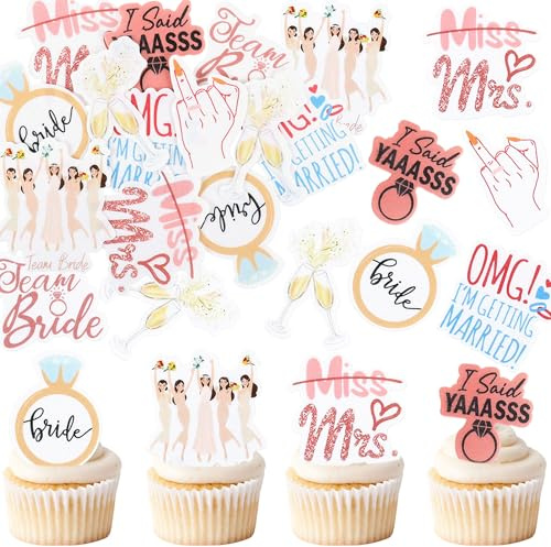 Blumomon 48Pcs Pre-Cut Edible Bride to Be Cupcake Toppers Bride to Be Cupcake Decoration Picks for Ring Dress Bridal Shower Wedding Engagement Bachelorette Party Supplies