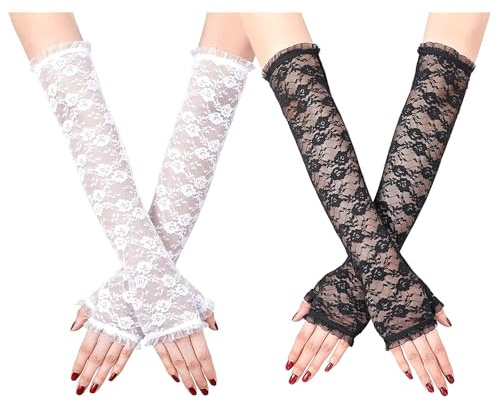 MLPKOI 2 Pares Guantes Largos de Encaje Sin Dedos, Guantes Encaje Floral, Disfraz Accesorios Vintage para Mujer Bodas, Fiestas de Té, Fiestas de Ópera, Halloween (Negro y Blanco)