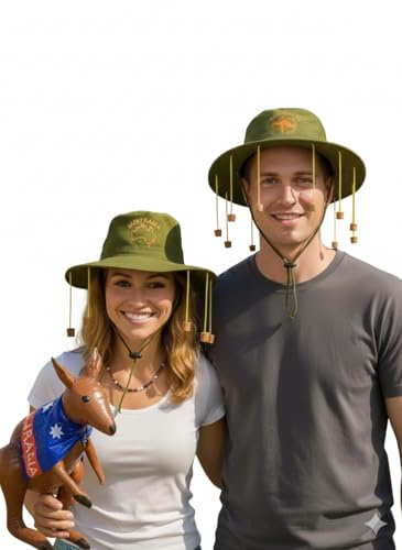 labreeze Australian Cork Hat with Inflatable Kangaroo Set, 2 Hats with 10 Corks, 70cm Kangaroo with Flag Print, Adult Fancy Dress Costume Accessory for Parties and Festivals