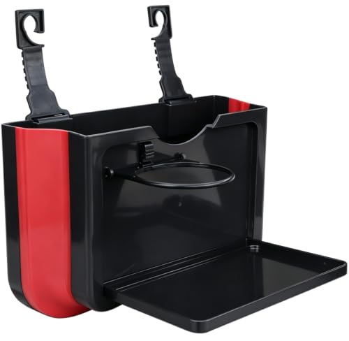Mythlon Poubelle de Voiture Pliable Étanche avec Porte-Gobelet, Boîte de Rangement Suspendue Multifonction, Mini Organiseur Automobile pour Véhicule Bureau, Plastique Noir, 1PC