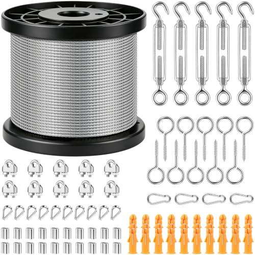 Complete 50M Wire Rope Kit – 2mm 7x7 Galvanised Steel Cable with PVC Coating, 40kg Load Capacity, Includes Turnbuckles, Clamps, Hooks, Screw Eyes, Thimbles, Crimps, Tent Pegs – Indoor/Outdoor DIY Us