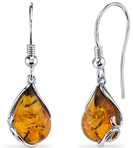 Peora Genuine Baltic Amber Teardrop Earrings for Women 925 Sterling Silver, Rich Cognac Color, Fishhooks, Real Baltic Amber Earrings for Adults, 100% Natural from Baltic Region, w/Jewelry Box