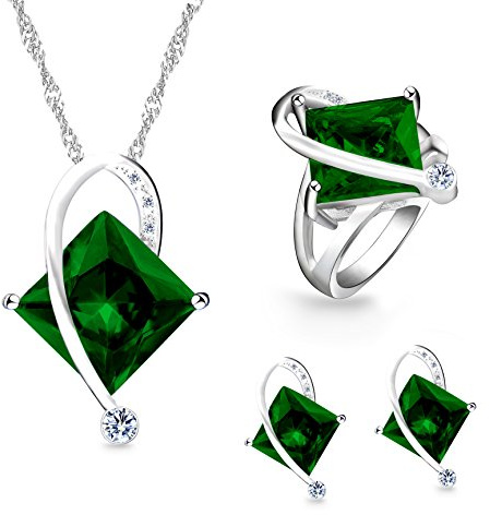 Uloveido Charm Regenbogen Erstellt Topas Mystische Große Quadratische Kristall Halskette Passende Ohrstecker Ringe Weißes Gold Überzogen Hochzeit Schmuck Set (Multicolor, Rot, Grün, Blau, Lila) T295