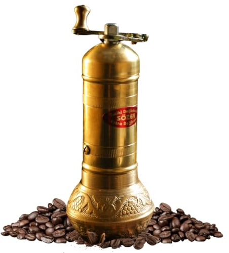 SOZEN 16.3cm Manuelle Kaffeemühle Messing - Handkurbel Burr Mühle für Türkischen Kaffee, Französische Presse, Espresso, Camping & Heimgebrauch - Tragbare Kaffeebohnenmühle, Einstellbare Konische