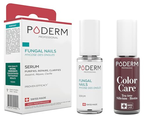 PODERM - 2 PRODOTTI - MICOSI DELLE UNGHIE TRATTAMENTO 2 in 1 | Smalto colorato Rosso dark TEA TREE | BIO | Trattamento professionale mani/piedi | Facile e rapido | Swiss Made