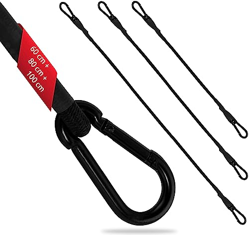 ECENCE 3 Pezzi Corda elastica con moschettone della lunghezza di 1x100cm, 1x80cm, 1x 60cm, di colore Nero Cinghia elastica, Tenditore per bagagli, estensore, corda di tensione per biciclette