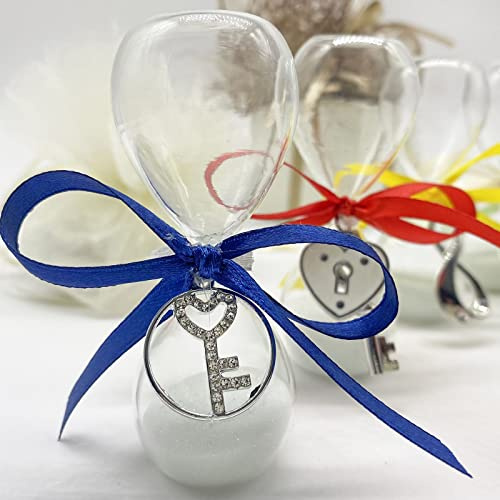 Ingrosso e Risparmio Clessidra con Sabbia Bianca e Ciondolo in Metallo zama, Disponibile in Vari Modelli, bomboniere Eleganti (Chiave con Strass)