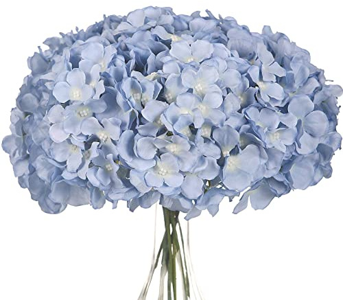 LUSHIDI 10PCS Artificial Hydrangea Flowers, Fake Hydrangea Silk Flowers Heads with Stems for Wedding Home Party Shop Baby Shower Decoration-Light Blue