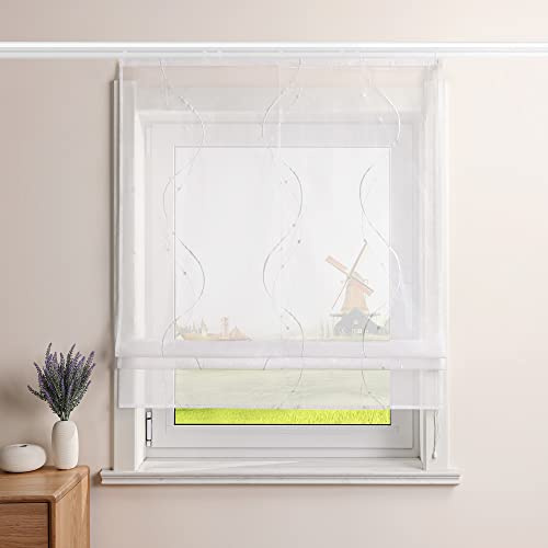 CORLIF Raffrollo Landhaus Raffgardine Küche Modern Bändchenrollo Leinenoptik mit Wellenmuster Transparente Rollos Kurz Fenster Schal mit Klettband B/H 100/140 cm Weiß