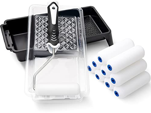 Mister Rui Farbroller Set 4 Zoll, Lackierwalze Set, 11cm Schaumstoff Farbroller Abdeckung, Stabile Farbwanne, Einweg-Farbwanne, und Farbroller Bügel für Malerei und Renovierung von Haushaltsprojekt