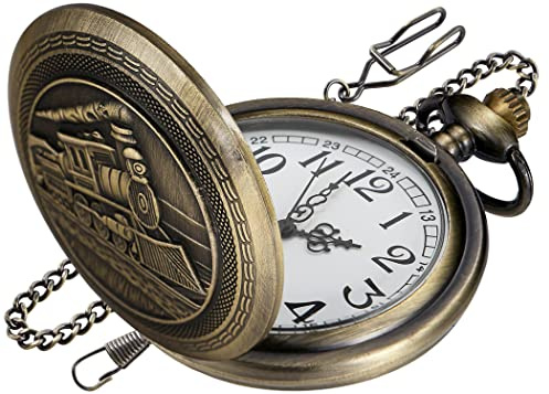 Realpoo Quartz Pocket Watch for Men, Bronze, Analog Display, Arabic Numerals, Stainless Steel Band, 12-hour Time, Includes Chain
