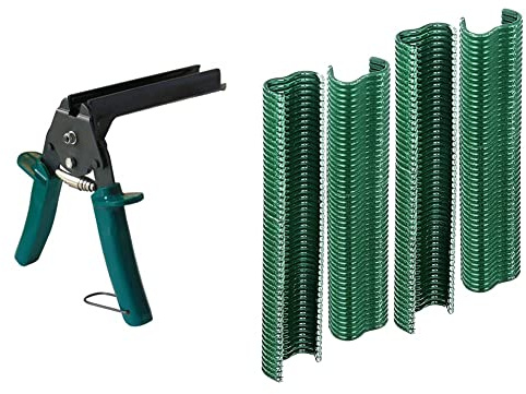 Alberts 531157 Drahtbefestigungszange | verzinkt, mit Kunststoff-Griff und -Magazin & 530969 Drahtklammer | zinkphosphatiert, grün kunststoffbeschichtet | Breite 22 mm | 200er Set