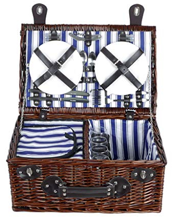 BASII Picknicktaschen, Garden&Outdoors, traditioneller Deluxe-Korb für 4 Personen mit Kühlfach und Flaschenkühltaschen, Aufbewahrungskörbe, Reisen, Camping (braun, 46 x 31 x 20 cm)