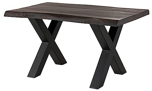 MASSIVMOEBEL24.DE|Freeform 5 - Baumtisch aus Mangoholz - grau acrylbeschichtet | + X-Beine in anthrazit matt | 140x90x77 | Massivholztisch Baumkantentisch Esstisch