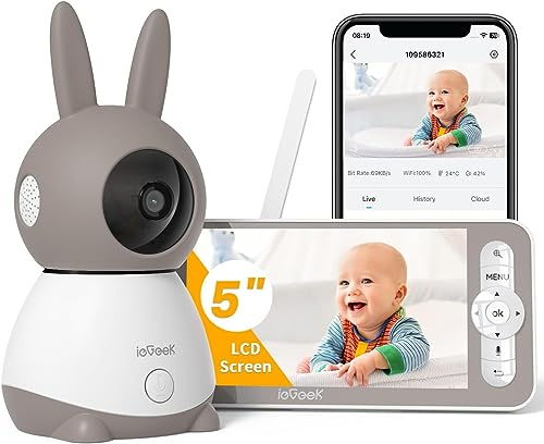 ieGeek Babyphone mit Kamera Top Qualität 2K/3MP, 5 Zoll WLAN Video babyfone PTZ 360°, IR-Nachtsicht, Automatische Verfolgung, Weinen/Bewegungs/Geräuscherkennung, Temperaturanzeige,Mobile App Steuerung