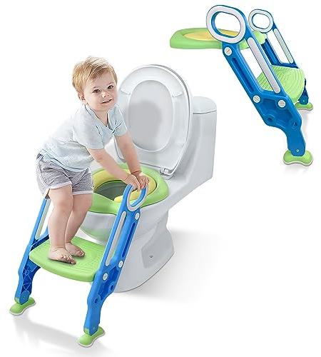 SUBTLETY Toilettensitz Kinder Toilettentrainer mit Verstellbarer Treppe & PU-Kissen Toilettenaufsatz Klappbarer Töpfchen-Trainer Klappbarer WC Sitz für Kinder von 1-7 Jahren (Blau + Grün)