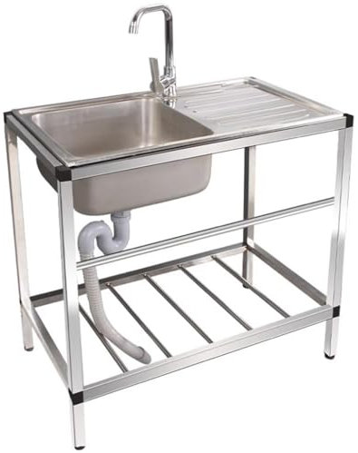 COKYIS Lavello Cucina in Acciaio Inox, Lavandino da Esterno Autoportante con Banco da Lavoro, Lavatoio da Giardino Vasca Singola per Garage Campeggio (Color : Hot And Cold Water Faucet)