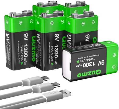 Quzmo Rechargeable 9 Volt Lithium-ion Batteries, 1300mAh Long Lasting Power, USB-C Recharge with 2 in 1 Charging Cable for Smoke Alarms,Multimeters,Microphones,Walkie-Talkie,Toys (6-Pack)