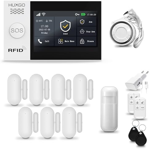 HUXGO® HXA007 Funk Alarmanlage Set WiFi + GSM 4G mit Sirene | Alarm System mit Bewegungsmelder, 7X Tür- Fenstersensor, Fernbedienung | Smart Home Security
