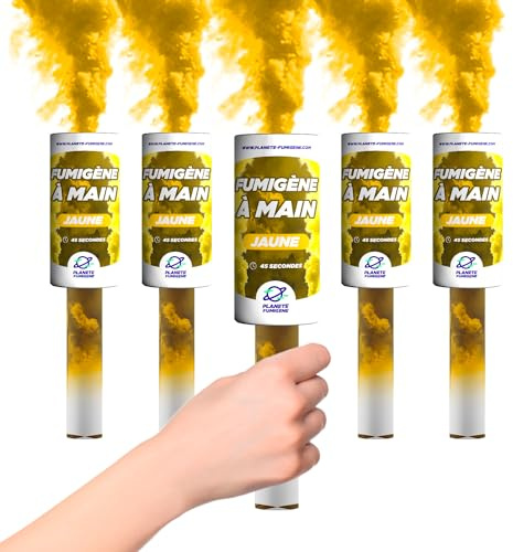 Planete Fumigene Fumigène Torche Main Jaune 45 Secondes Lot de 5 | Durée 45 Secondes, Déclenchement Mèche, Fumée Jaune Dense, Catégorie T1, Usage Main ou Sol, Conformité CE