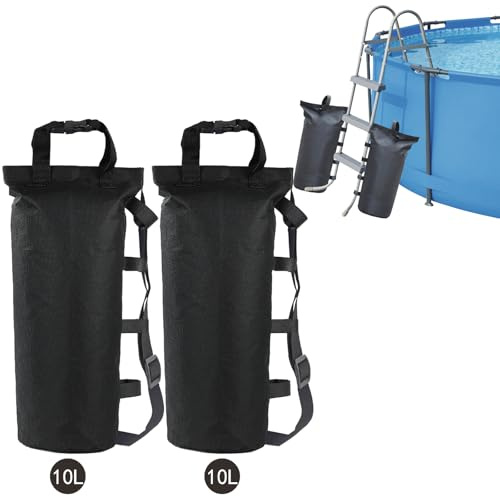 Roll Over Image to Zoom in Pool Ladder Weight Waterproof Sand/Water Bags, 2 Pack Pool Step Weights for Above Ground Pools, 500D PVC Waterproof Ladder Weight with Heavy-Duty Nylon Webbing（10L） (Black)