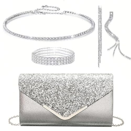 OUAYEMEL Damen-Handtasche mit Glitzer-Umschlag, Pailletten, Abend-, Hochzeits-Handtasche, Geldbörse, Brautschmuck, Abschlussball, Party, Schultertaschen, elegant, 4-teiliges Schmuck-Set mit