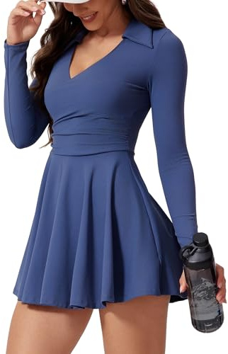 IDOPIP Tenniskleid Damen Langarm Golfkleider mit integrierten BH- und Shorts Sexy Sommerkleider Minikleid V-Ausschnitt Polokleid mit Tasche Tennisrock Sportanzug Für Workout Yoga blau S