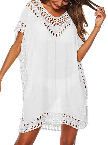 Women Crochet Swimsuit Cover Ups Solid Color Cutout Beachwear Short Sleeve V-Neck Bikini Cover Up Dress