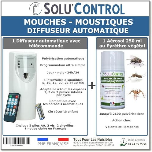 Kit Diffuseur Automatique avec Télécommande + 1 Aérosol Insecticide au Pyrèthre Végétal 250 ml - Anti-Mouches & Anti-Moustiques - Action Choc pour Volants et Rampants