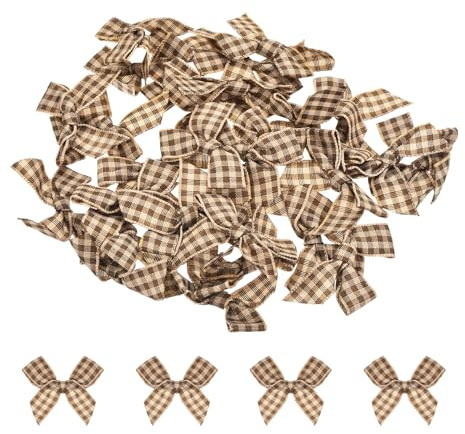 QUARKZMAN 30 Stück Mini Gingham Schleifenband 1,5 Braun und Hellgelb | Schleife, kariertes Stoff Satin Schleifen, Für Basteln DIY Haarschleife Nähen Hochzeit Geburtstagsfeier