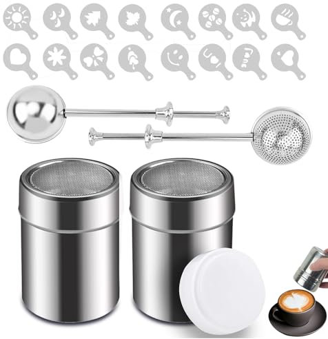 LANZLC Espolvoreador Cacao con Malla Tapa, 4 Piezas Espolvoreador Acero Inoxidable, Excavadora de Café y Cacao on Malla para el café Capuchino Latté, 16 Plantillas de Planchas de Impresión