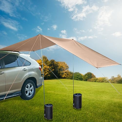 Wasserdicht UV-Schutz Auto Markise,Autozelt Sonnendach für Camper, SUV & Wohnwagen,Auto Dachzelt mit 2 tragfähigen Wassersäcken,Tragbare Auto Seite markise Auto Zelt(Khaki, 300 * 150cm)