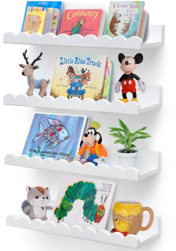 Scalloped Shelves - Set of 4 Pre-Assembled 15.6inch White Floating Nursery Book Shelves, Scalloped Book Shelf for Kids Rooms - Kids Wall Decor, Nursery Decor, Floating Shelves for Wall