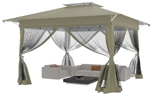 NAIZY Faltpavillon 4x4 m Pavillon mit Moskitonetz Seitenwand Pop Up Gartenpavillon inkl. Tragetasche mit Rollen, Faltbar Zelt aus Metall+Oxford-Tuch Höhenverstellbar Partyzelt, Khaki