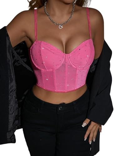 Sukiglam Ärmlös T-shirt dam spets korsett sommar crop toppar glitter paljetter korsett bustier sexig smal passform spets glitter korsett toppar T-shirt party rave outfit, Röd ros, XS