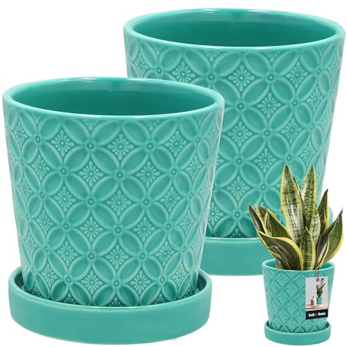 KOTARBAU® 2 st. växtkruka med underlägg turkos färg ⌀ 13 cm, höjd: 15 cm, glaserad keramisk blomkruka, stor plantkruka, kaktuskruka med underlägg, ytterkruka med underlägg, blomkrukor