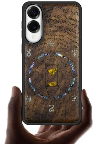 Carveit Magnética Funda para Samsung Galaxy S25 Edge [Grabado en Madera e incrustación de mejillones] con Madera y Silicona Híbrido Galaxy S25 Edge Carcasa (Nogal-Reloj de Arena Retro)