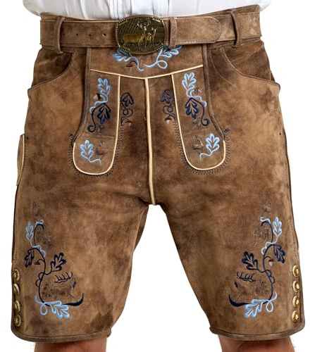 SYMPHONIE WESTERWALD Pantaloni corti da uomo in pelle di alta qualità, con cintura tradizionale, vera pelle (Full Grain), look antico, ricami pregiati, Oktoberfest, taglie 44-60, Marrone - Ricamo blu