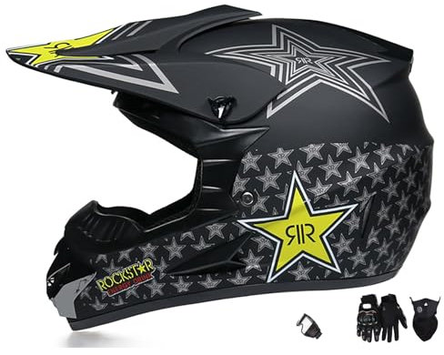 WMDMJT Casco Moto Integrale con Occhiali, Guanti, Maschera, Unisex, Casco da Cross in ABS con Chiusura Rapida, Prese D’Aria Anteriori/Posteriori per Guida Fuoristrada, ATV, Motocross,Black-XXL