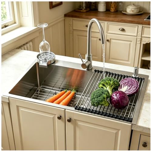 Fregadero de cocina de 85 x 50 cm, 304 de Acero Inoxidable brushed, Gran fregadero rectangular,con grifería, escurreplatos,incluye dispensador de jabón y sifón,con 3 agujeros para grifo