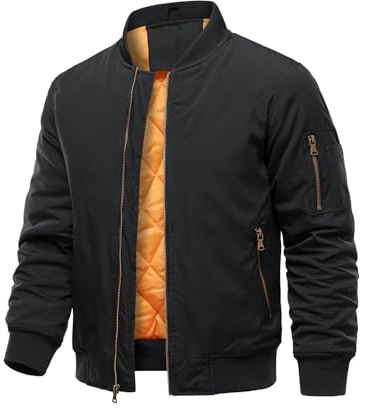 HOOD CREW Veste bomber pour homme - Automne - Hiver - Chaude - Rembourrée - Avec fermeture éclair - Décontractée et légère - Avec poche, Noir , L