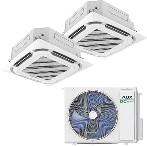Juego de aire acondicionado AUX A++ con 2 cajas de techo de 12000 BTU (3,5 kW cada uno) + unidad exterior 27000 BTU (7,9 kW) – Refrigerante R32 – Blanco – Sistema de división silencioso para 2