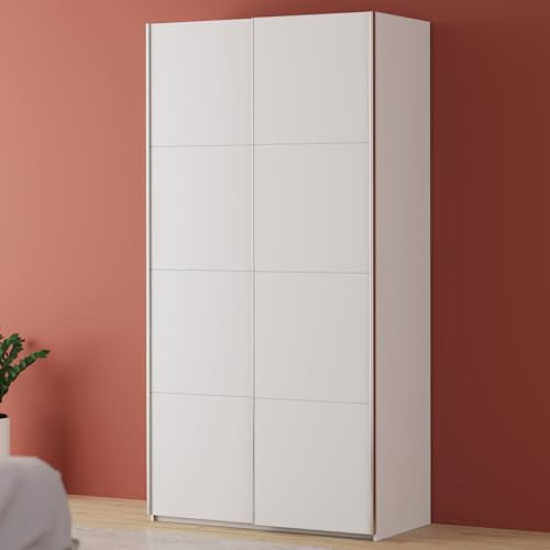 Forte FITTIO Kleiderschrank 120, moderner Schwebetürenschrank, 2-türig, Kleiderstange, Einlegeböden, Schlafzimmer, Holzwerkstoff, Weiß, 120,1 cm breit x 235 cm hoch x 61,2 cm tief
