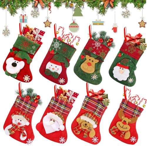 Aoligei Weihnachtsstrumpf Set, 8 Stück Nikolausstrumpf, Geschenkbeutel Nikolausstiefel zum Aufhängen & Befüllen, Weihnachtssocken Dekoration für Weihnachtsbäume, Treppen, Kamine