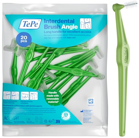 TePe Angle Vinklad Mellanrumsborste, Grön, 0.8mm/ISO 5, 20-pack, effektiv rengöring mellan tänderna, för bakre tänder, ta bort plack, för medelstora mellanrum, där en vanlig tandborste inte kommer åt