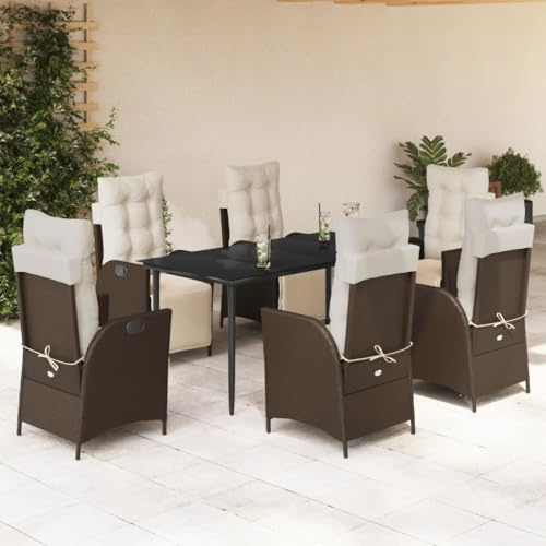 QJBSAVVA 7-Teiliges Garten-Essgruppe 160x80 cm mit verstellbaren Relaxsesseln Poly-Rattan Tischplatte aus Hartglas Modernes Lounge Set für Balkon Terrasse und Garten