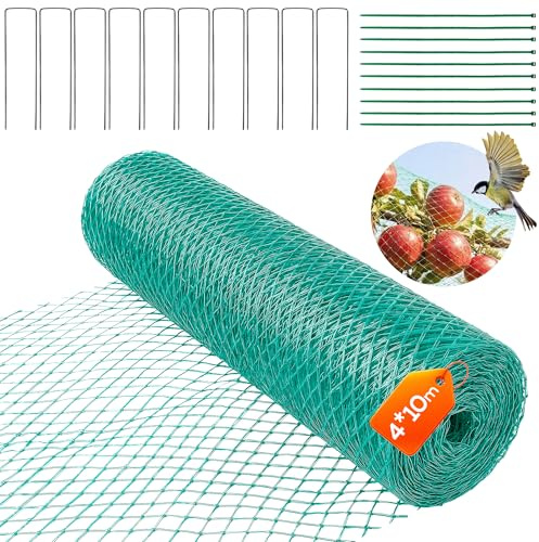 Filet Anti Oiseaux 4x10m, Filet de Protection pour Jardin, Maillage Fin 15x15mm, Robuste, résist. UV & intempéries – 20 ancrages Sol + Attaches – idéal : Cerisier, Bassin, Arbres fruitiers, Balcon